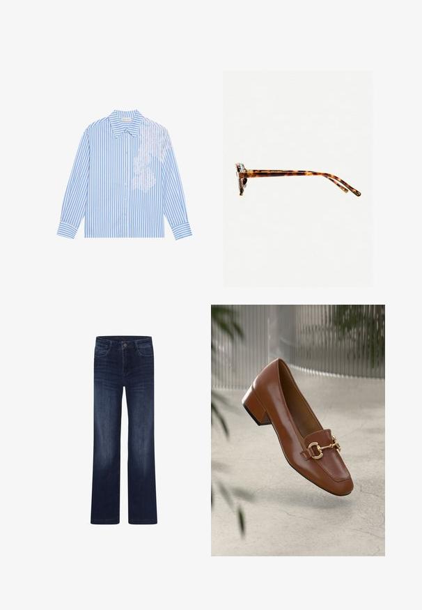 Blau-weiß gestreiftes Hemd mit langen Ärmeln, spitzem Kragen und Knopfverschluss, mit Spitzenbesatz auf der linken Seite.; Dunkelblaue Jeans aus Denim mit geradem Bein, fünf Taschen und Knopfverschluss. Besitzt leichte Ausbleichungen an den Oberschenkeln für eine texturierte Optik.; Braune Lackleder-Loafer mit quadratischer Zehenpartie, metallischem Kettenakzent und niedrigem Blockabsatz; glatte Textur, minimalistisches Design.; Schildpatt-Sonnenbrille mit dickem Rahmen, leicht gebogenen Bügeln und glatter Textur. Sie präsentiert ein klassisches Design mit glänzender Oberfläche.