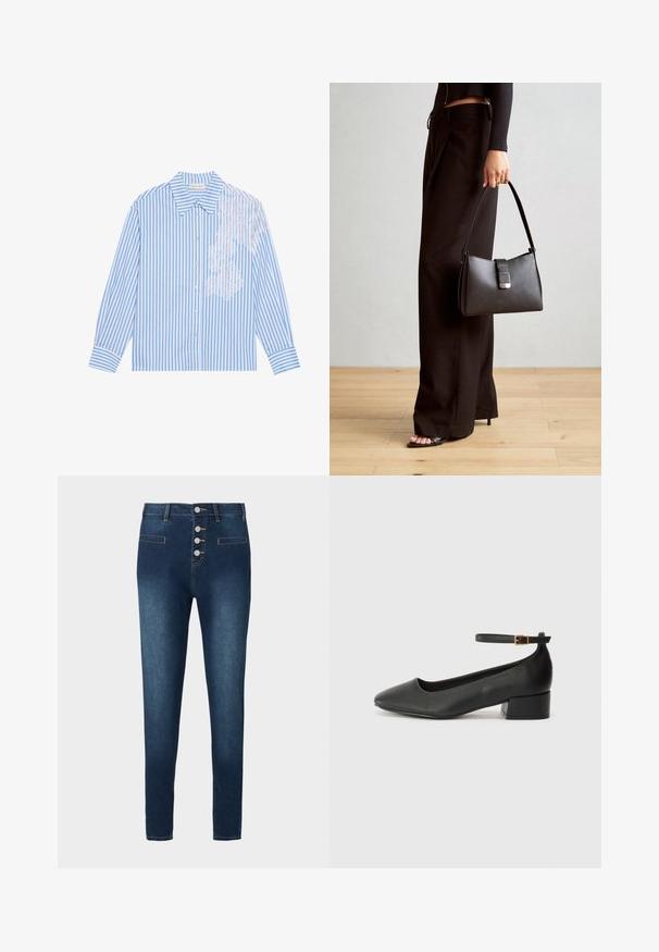 Plava i bijela prugasta košulja s dugim rukavima, oštrim ovratnikom i kopčanjem na gumbe, s čipkastim detaljem na lijevoj strani.; Tamno plave traperice s visokim strukom, sa pet dugmadi i dva prednja džepa. Glatka tekstura s kontrastnim šavovima.; Crne kožne pumpe s oštrim vrhom i niskom blok petom. Sadrže remen oko gležnja s zlatnim kopčanjem. Glatka tekstura.; Crna torba s oblikom koji sadrži strukturu, glađu teksturu i metalnu kopču. Uparena s širokim crnim hlačama i sandalama na otvorenom s drvenog poda.