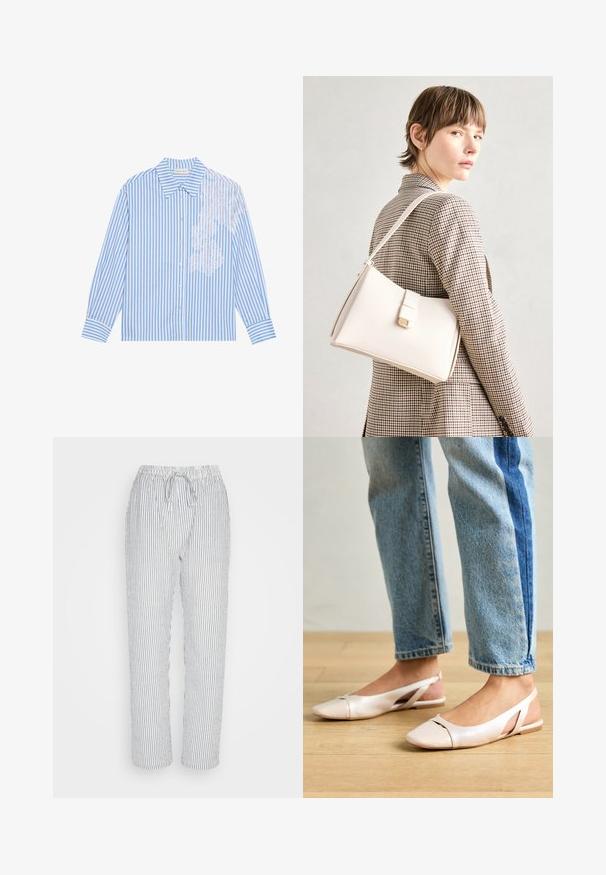 Blå og hvit stripete skjorte med lange ermer, spiss krage og knappelukking, med blonder detalj på venstre side.; Lette bomulls pysjamasbukser med elastisk midje og snor. Har blå og hvite vertikale striper og sidelommer.; Lys rosa slingback leiligheter med spiss tå, laget av et glatt, læraktig materiale. Har utskjæringer på sidene og lav hæl.; Hvit lær veske med en strukturert design, med magnetlås og skulderstropp, vist mot en nøytral bakgrunn.