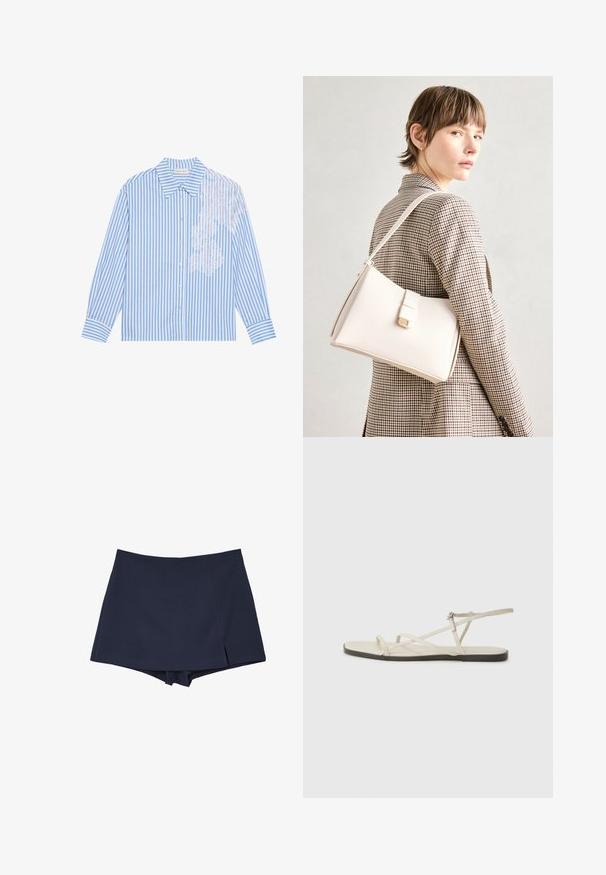 Blau-weiß gestreiftes Hemd mit langen Ärmeln, spitzem Kragen und Knopfverschluss, mit Spitzenbesatz auf der linken Seite.; Marineblaue Skort mit einem Wickel-Design vorne und kurzer Länge, mit einem kleinen Schlitz auf der rechten Seite.; Beige flache Sandale mit mehreren schlanken Riemen und einer verstellbaren Schnalle. Die Sohle ist flach und hat einen leichten dunklen Kontrast am Rand.; Weiße Lederhandtasche mit strukturiertem Design, ausgestattet mit einem Magnetverschluss und einem Schulterriemen, präsentiert vor einem neutralen Hintergrund.