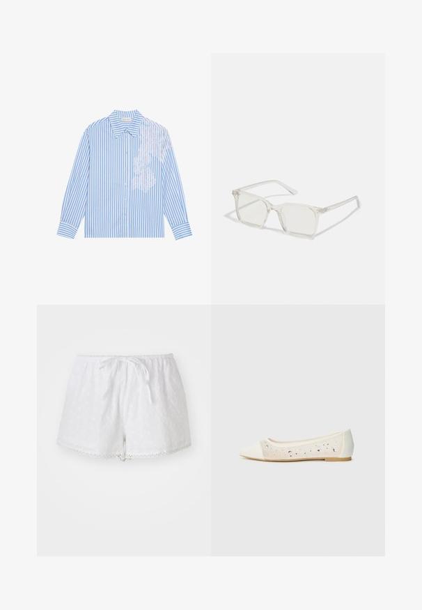 Camisa de listras azuis e brancas com mangas longas, colarinho pontudo e fecho por botões, apresentando um detalhe de renda no lado esquerdo.; Calções brancos de algodão com uma cintura elástica e cordão. Apresenta bordados em ilhós e renda na bainha.; Sandal com biqueira apontada em pele creme com parte superior transparente decorada com strass dispersos. Sola macia para conforto, design minimalista.; Óculos quadrados de plástico transparente com lentes translúcidas, apresentando detalhes em dourado nas hastes.