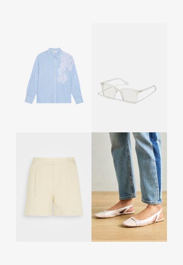 Cămașă cu dungi albastre și albe, cu mâneci lungi, guler ascuțit și închidere cu nasturi, având detalii din dantelă pe partea stângă.; Lindex MARIA - Pantaloni scurți - beige; Sandalete plate de un roz pal cu vârf ascuțit, realizate dintr-un material asemănător pielii, neted. Prezintă detalii decupate pe laterale și un toc plat.; Ochelari de vedere cu rame pătrate din plastic transparent, dotate cu lentile translucide și accente aurii pe temple pentru un detaliu suplimentar.