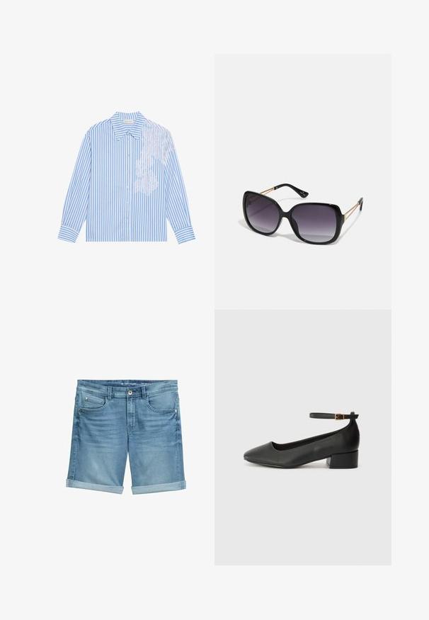 Sinine ja valge triibuline pikkade varrukatega särk, millel on terav krae ja nööbikinnis, vasakul küljel pitsdetail.; Heled sinine denimist šorts, millel on kulumisefekt, rullitud äärised, viie tasku disain ja metallist nööbi sulgur vööl.; Must mustaapp, millel on terav nina ja madal blokk-kand. Omab pahkluu rihma koos kuldse tooni pandlaga. Sile tekstuur.; Mustad ümarad päikeseglaasid, millel on gradient objektiivid, paksud raamid ja kuldse tooni kettaga kaunistused tempelitel.