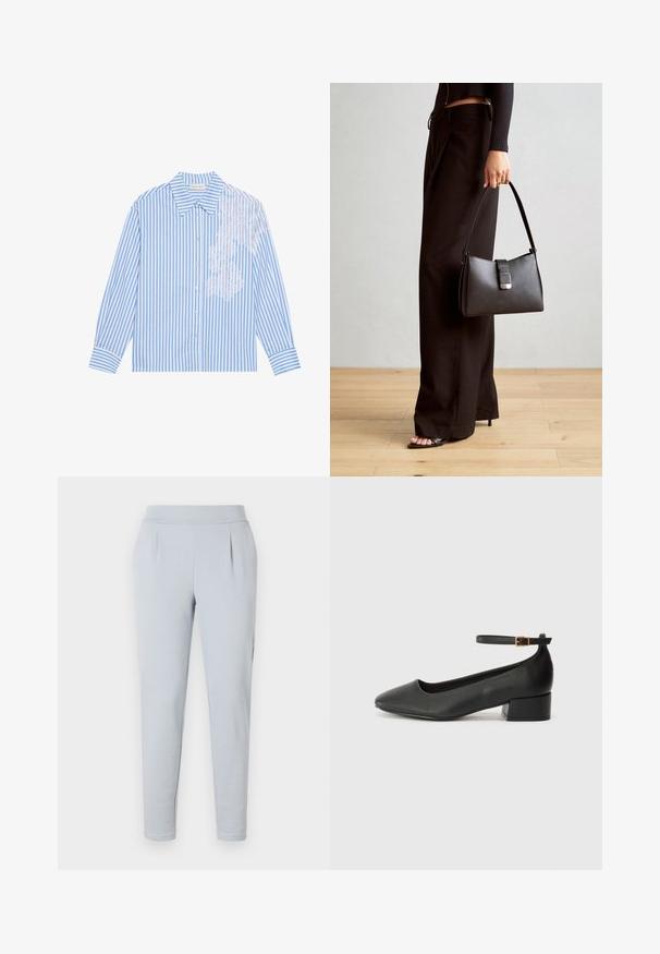 Svetlo modra in bela prugasta srajca z dolgimi rokavi, z ostrim ovratnikom in gumbastim zapenjanjem, ki vsebuje čipkaste detajle na levi strani.; Svijetloplave uske hlače izrađene od mekog materijala, s ravnim pojasom i dva bočna nabora za dodatni stil i strukturnu podršku.; Črne usnjene pumpice z nazobčanimi prsti in nizko blokasto peto. Imajo trak okoli gležnja z zaponko v zlatem tonu. Gladka tekstura.; Črna torbica z strukturirano obliko, gladko teksturo in kovinskim zaponko. Ujemajo se z širokimi črnimi hlačami in odprtimi sandali na lesenem tleh.