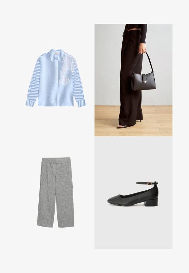 Blå och vit randig skjorta med lång ärm, spetsad krage och knappstängning, med spetsdetaljer på vänster sida.; Lätta, grå byxor med ett vertikalt randigt mönster, vida ben, elastisk midja och inga synliga fickor.; Svart läderpump med spetsig tå och en låg klack. Har en ankelsnodd med en guldtonad spänne. Slät textur.; Svart handväska med strukturerad form, slät yta och metallspänne. Matchad med vida svarta byxor och sandaler med öppen tå på trägolv.