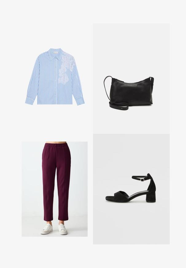 Blauw-wit gestreepte blouse met lange mouwen, een puntige kraag en knoopsluiting, met kantdetails aan de linkerkant.; Bordeauxrode pull-on broeken met een rechte pijp, met een gladde textuur en contrasterende stiksels. Gepaard met witte sneakers.; Zwarte suede hakken met een dunne enkelband, open teen ontwerp en een bescheiden blokhak. Zachte textuur en minimale accenten.; Zwarte leren schoudertas met een gladde textuur, gebogen vorm, verstelbare schouderband en een ritsafsluiting. Minimalistisch ontwerp zonder versieringen.