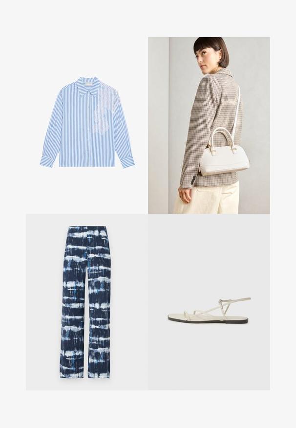 Blå og hvit stripete skjorte med lange ermer, spiss krage og knappelukking, med blonder detalj på venstre side.; Bredde ben bukser i marineblå med hvit og turkis tie-dye mønster. Laget av lettvektig stoff, med en glatt tekstur og avslappet passform.; Beige flate sandal med flere slanke stropper og en justerbar spenne. Sålen er flat med en svak mørk kontrast langs kanten.; Hvit strukturert håndveske med korte håndtak og skulderreim, med detaljer i gullfinish og teksturert materiale, vist mot en grå bakgrunn.