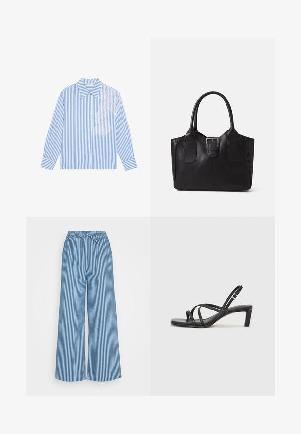 Sininen ja valkoinen raidallinen pitkähihaainen paita, jossa on terävä kaulus ja nappisulku, ja vasemmalla puolella pitsiyksityiskohta.; Siniset, raidalliset leveälahkeiset housut, joissa on joustava vyötärönauha ja nyöri. Kangas on kevyt ja siinä on pystysuorat valkoiset raidat kontrastina.; Mustat hihnalligat, joissa on neliön muotoinen kärki ja matala lohkokorko. Ominaisuuksiin kuuluu useita ohuita hihnoja ja säädettävä nilkkahihna. Valmistettu sileästä nahasta.; Musta nahkainen olkalaukku, jossa on sileä pinta, ryhdikäs muoto, kaksi kahvaa ja silmienpistävä hopeinen solkiyksityiskohta edessä.