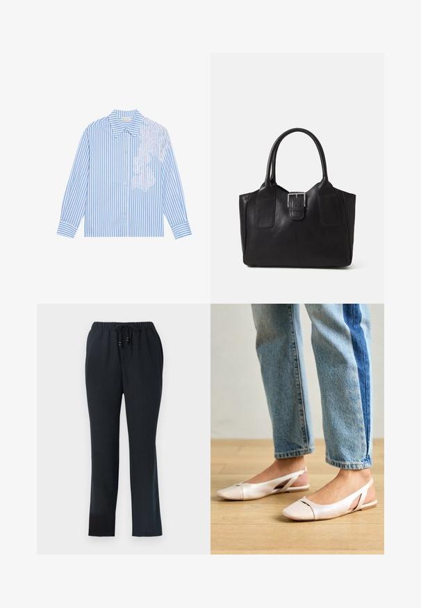 Kék és fehér csíkos ing, hosszú ujjakkal, hegyes gallérral és gombos záródással, bal oldalon csipke részlettel.; Fekete, lazán szabott nadrág, rugalmas derékkal és húzózsinórral. Könnyű anyagból készült, sima textúrával és egyenes lábakkal.; Világos rózsaszín slingback laposlábú cipők, hegyes orral, sima bőrhatású anyagból készült. Oldalt kivágott részletek találhatók rajta, valamint lapos sarkú.; Fekete bőr bevásárlótáska sima textúrával, strukturált formával, két fogantyúval és egy figyelemfelkeltő ezüst csattal az elején.