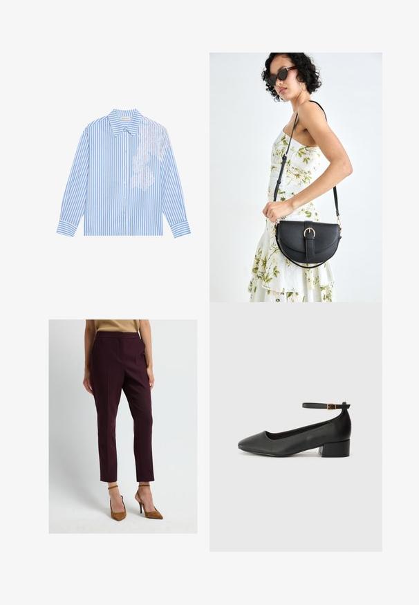 Blauw-wit gestreepte blouse met lange mouwen, een puntige kraag en knoopsluiting, met kantdetails aan de linkerkant.; Bordeaux gepersonaliseerde broek met plooidetails, enkellang, hoge taille, gecombineerd met tan hoge hakken. Soepele, gestructureerde stof.; Zwarte leren pump met een spitse neus en een lage blokhak. Beschikt over een enkelband met een goudkleurige gespsluiting. Gladde textuur.; Zwarte leren handtas met een gebogen vorm, afneembare schouderband en gouden hardware. De tas heeft een klep met een gespsluiting.; Zilveren dubbele ring met een gladde, gepolijste oppervlakte. Heeft een vloeiende, gebogen vorm met overlappende secties voor een moderne uitstraling.