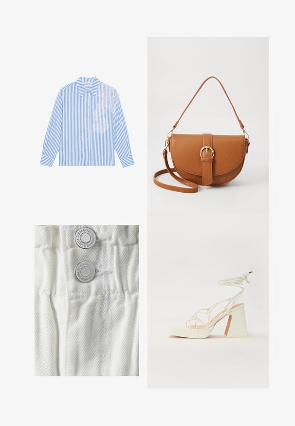 Camisa de rayas azul y blanca con mangas largas, cuello de punta y cierre de botones, con detalle de encaje en el lado izquierdo.; Vero Moda VMLYRA PAPERBAG - Shorts vaqueros - snow white; Sandalia de tacón alto blanca con un tacón grueso, que presenta un diseño de tiras y un lazo en el tobillo. Textura suave con una plataforma en la parte delantera para mayor altura.; Bolso bandolera de cuero marrón con forma curvada, herrajes dorados y un acento de hebilla. Incluye una correa de hombro desmontable.