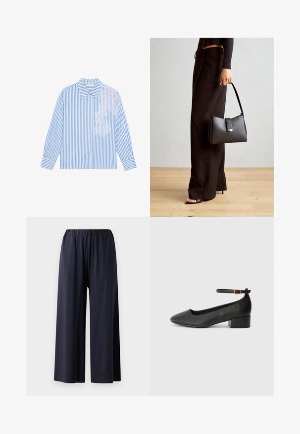 Blue and white striped shirt with long sleeves, a pointed collar, and button closure, featuring lace detail on the left side.; Wide-leg trousers in dark navy fabric with an elastic waistband, featuring a smooth texture and full-length design.; Black leather pump with a pointed toe and a low block heel. Features an ankle strap with a gold-tone buckle. Smooth texture.; Black handbag with structured shape, smooth texture, and a metallic clasp. Paired with wide black pants and open-toe sandals on wooden floor.