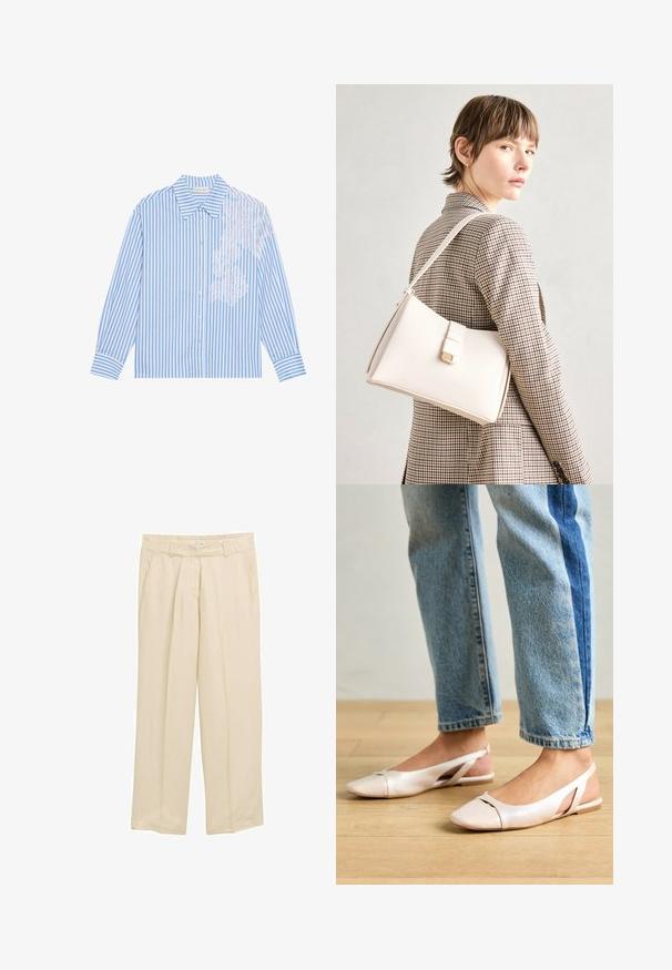 Mėlyna ir balta dryžuota marškinė su ilgamis rankovėmis, šviesiai suformuotu apykakle ir sagčių uždarymu, turinčios nėrinių detalę kairėje pusėje.; Šviesiai rudos spalvos plačios kelnės, pagamintos iš lengvos medžiagos. Turi elastinį juosmenį ir šonines kišenes. Lygi tekstūra su subtiliomis vertikaliomis linijomis.; Šviesiai rožiniai slingback baleto bateliai su smailiu pirštu, pagaminti iš lygios odai panašios medžiagos. Yra išpjovimų detalės šonuose ir plokščias kulnas.; Balto odos rankinė su struktūrizuotu dizainu, turinti magnetinį užsegimą ir petnešą, demonstruojama prieš neutralią foną.