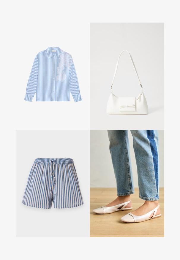 Kék és fehér csíkos ing, hosszú ujjakkal, hegyes gallérral és gombos záródással, bal oldalon csipke részlettel.; Csíkos bézs és kék sort, rugalmas derékrésszel és állítható zsinórral, könnyű anyagból készült.; Világos rózsaszín slingback laposlábú cipők, hegyes orral, sima bőrhatású anyagból készült. Oldalt kivágott részletek találhatók rajta, valamint lapos sarkú.; Fehér szintetikus kézitáska, háromszög alakú, lapos előlap, masni részlettel, állítható pánttal, sima textúrával és minimalista dizájnnal.