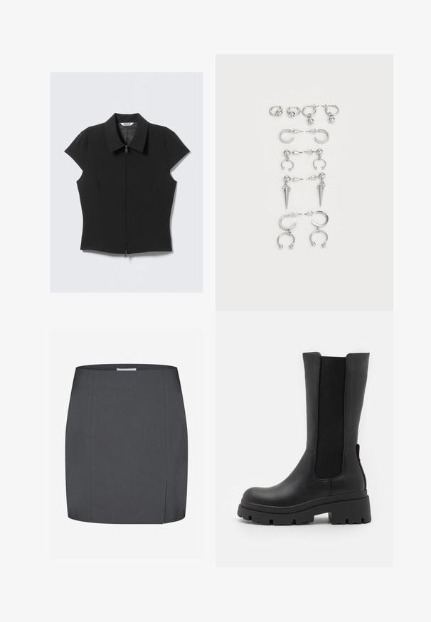 Černá úzká blůza s krátkým rukávem a předním zipem, se širokým límcem, položená na bílém pozadí.; Envii SPLIT - Pouzdrová sukně - grey; ONLY SHOES ONLDOJA - Kozačky na platformě - black; Sada stříbrných náušnic s různými designy: kruhy, pecky a visací styly, se kuličkovými akcenty a špičatými prvky.