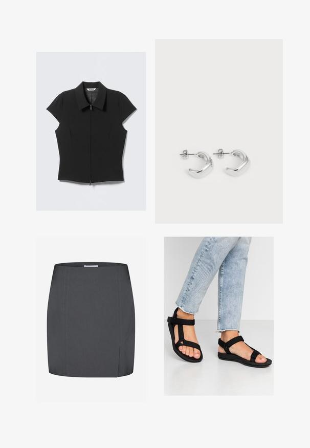 Musta tiukka lyhythihainen paita, jossa on etuvetoketju ja leveä kaulus, asetettuna tasolle valkoista taustaa vasten.; Envii SPLIT - Kynähame - grey; Mustat sandaalit säädettävillä hihnoilla. Pehmeä, tekstuuri materiaali ja muotoiltu pohja. Yhdistetty vaaleansinisiin kulutettuihin farkkuihin.; Hope hopea, joissa on sileä ja kiillotettu pinta. Pyöreä muoto, jossa on hieman kaareva muotoilu ja sulautuvat reunat. Pinni kiinnitys.