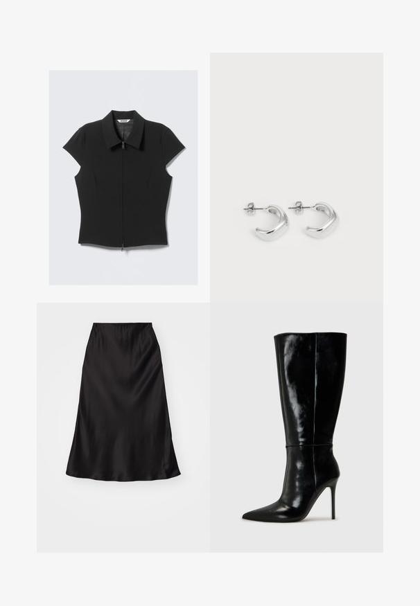 Blouse noire ajustée à manches courtes avec fermeture éclair à l'avant et large col, posée à plat sur un fond blanc.; Jupe en satin noir avec une texture lisse, une forme évasée et une taille élastique. Design minimaliste, sans motifs ni accents supplémentaires.; Bottes noires en cuir, hautes jusqu'au genou, avec un bout pointu et un talon aiguille haut. Texture lisse et design épuré, avec un minimum de détails.; Boucles d'oreilles en argent en forme de hoops avec une finition lisse et polie. Forme ronde avec un design légèrement courbé et des bords fondus. Fermeture à pin.