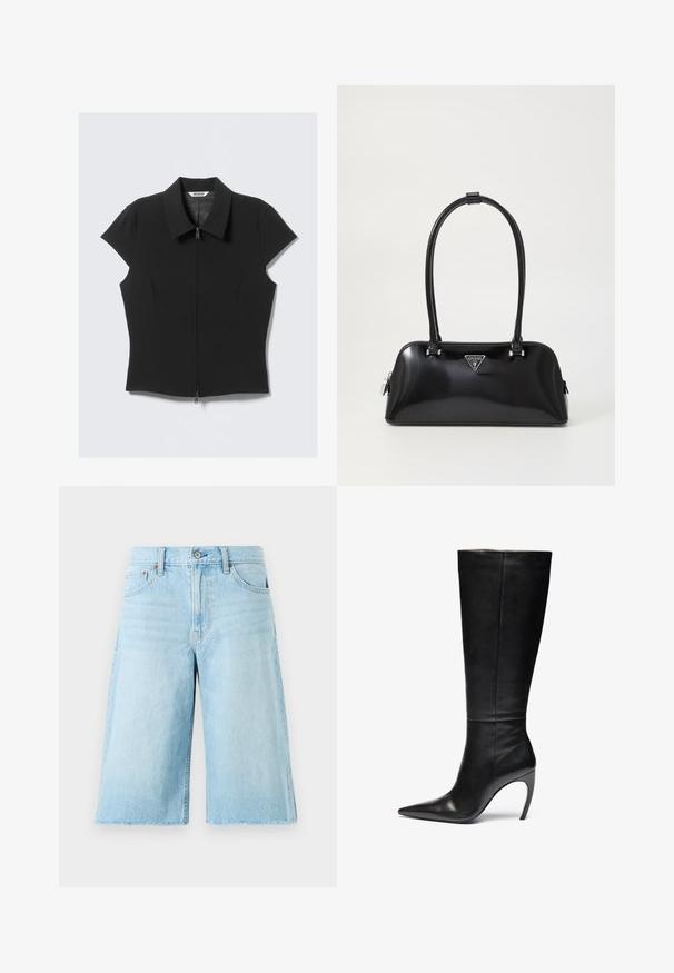 Musta tiukka lyhythihainen paita, jossa on etuvetoketju ja leveä kaulus, asetettuna tasolle valkoista taustaa vasten.; Vaaleansiniset farkkushortsit, joissa on löysä istuvuus, repaleinen helma, viisi taskua ja metalliosat. Klassinen farkkumuotoilu, jossa on hillitty haalistuminen.; Musta nahkasaapas, joka ulottuu polven ylle, teräväkärkinen ja korkea stiletto-korko; tyylikäs, sileä pinta, jossa on hienovaraiset saumat ilman näkyvää metalliosaa.; Musta kiiltävä käsilaukku, jossa on kaareva siluetti, kaksi kahvaa ja etupuolella logo-plakaatti. Vetoketjusulku ja kiiltävät metalliosat.; Hope hopea, joissa on sileä ja kiillotettu pinta. Pyöreä muoto, jossa on hieman kaareva muotoilu ja sulautuvat reunat. Pinni kiinnitys.