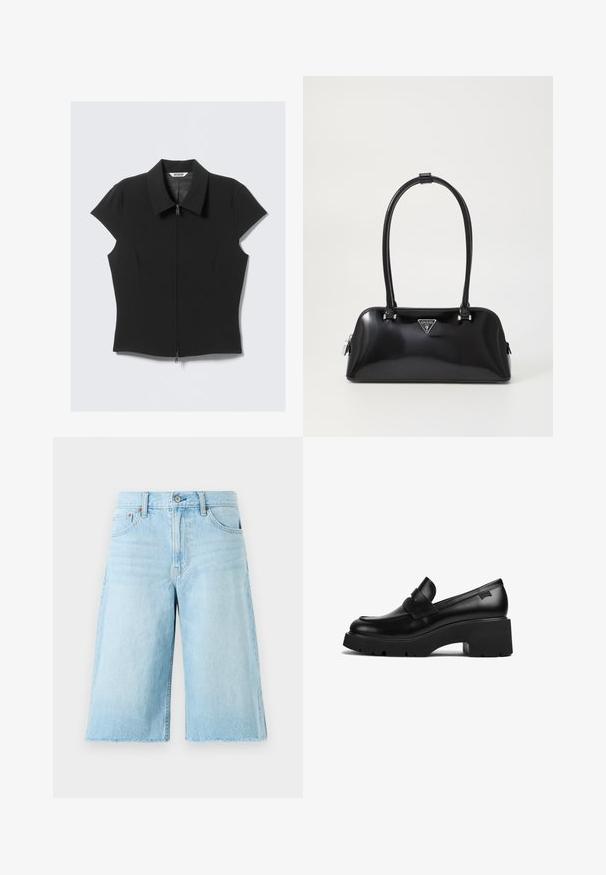 Schwarze, figurbetonte Bluse mit kurzen Ärmeln, Frontreißverschluss und breitem Kragen, flach auf einem weißen Hintergrund ausgelegt.; Helle blaue Denim-Shorts mit lockerer Passform, ausgefranstem Saum, fünf Taschen und Metallbeschlägen. Klassisches Jeansdesign mit subtilen Ausbleichungen.; Schwarze Leder-Loefer mit klobigem Absatz, dicker Sohle und einem Riemen über der Oberseite, seitlich auf einem weißen Hintergrund gezeigt.; Schwarz glänzende Handtasche mit geschwungener Silhouette, zwei Griffen und einem Logo-Plakette auf der Vorderseite. Reißverschlussverschluss und glänzende Hardwareakzente.; Silberne Creolen mit einer glatten, polierten Oberfläche. Runde Form mit einem leicht geschwungenen Design und abgerundeten Kanten. Sicherheitsverschluss.