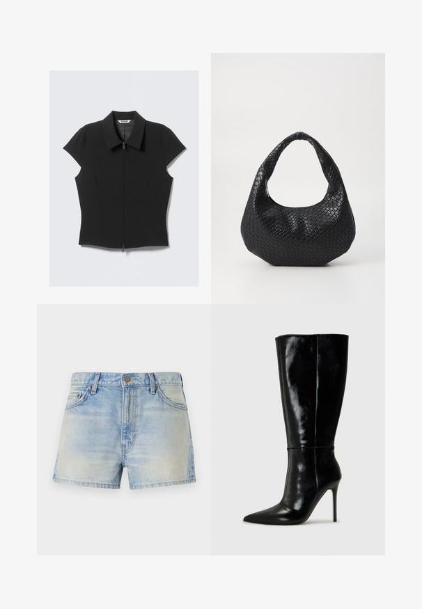 Musta tiukka lyhythihainen paita, jossa on etuvetoketju ja leveä kaulus, asetettuna tasolle valkoista taustaa vasten.; Vaaleansiniset farkkushortsit, joissa on korkea vyötärö, kaksi etutaskua ja hienovarainen haalistuma kuluneen ilmeen saavuttamiseksi. Metallinen napitus.; Musta nahkainen polvitumppi saappaat, joissa on kärki ja korkea stiletto-korko. Tasaisen sileä pinta ja virtaviivainen muotoilu, jossa on minimaalinen yksityiskohtaisuus.; Mustan kudotun käsilaukun, jossa on kaareva kahva, teksturoitu pinta ja löysä muoto. Suora viimeistely, jolla on orgaaninen siluetti.; Hope hopea, joissa on sileä ja kiillotettu pinta. Pyöreä muoto, jossa on hieman kaareva muotoilu ja sulautuvat reunat. Pinni kiinnitys.