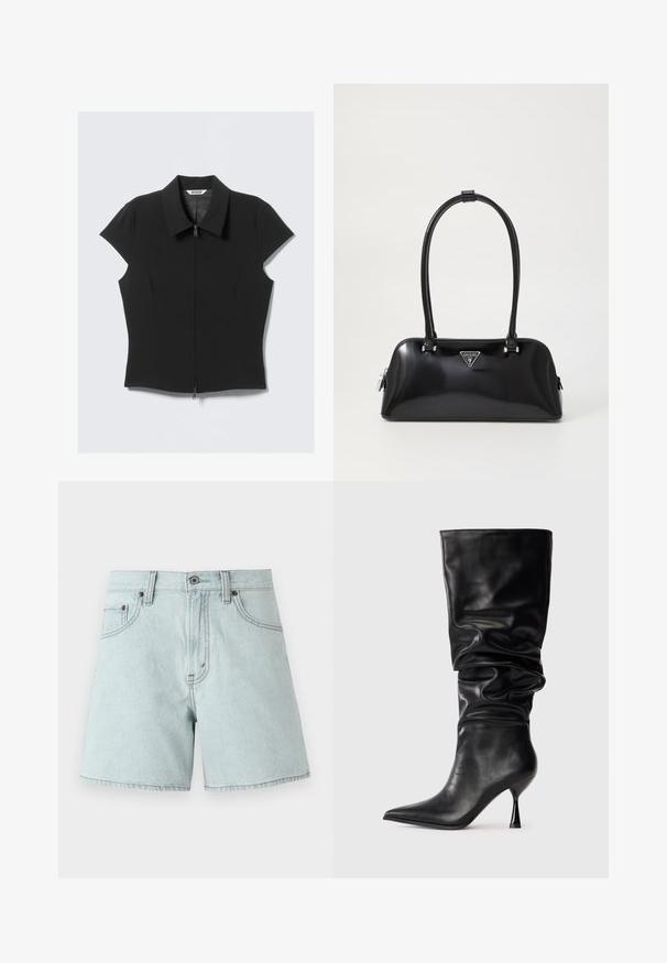 Melnā pieguļošā īso piedurkņu blūze ar priekšējo rāvējslēdzēju un plašu apkakli, novietota uz balta fona.; Gai zila denima šorti ar augstu jostas vietu, ar divām priekšējām kabatām, pogu aizdari un sānu šuvēm.; Melnas ādas ceļgalu augstās zābakos ar vaļīgu dizainu, norādītu purngali, un plānu stiletto papēdi, piedāvā gludu tekstūru un minimālus akcentus.; Melnā spīdīgā rokas soma ar izliekta siluetu, divām rokturiem un priekšējo logotipa plāksni. Ar rāvējslēdzēja aizdari un mirdzošiem aparatūras akcentiem.