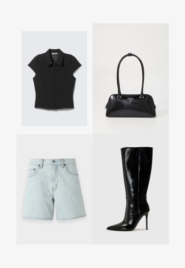 Zwarte aansluitende blouse met korte mouwen, een rits aan de voorkant en een brede kraag, plat gelegd op een witte achtergrond.; Lichtblauwe denimshorts met een hoge taille, voorzien van twee voorkruiszakken, een knoopsluiting en details van zijstiksels.; Zwarte leren kniehoge laarzen met een spitse neus en hoge stiletto hak. Soepele textuur en strak ontwerp, met minimale detailing.; Zwarte glanzende handtas met een gebogen silhouet, twee handvatten en een logo plaatje aan de voorkant. Ritssluiting en glanzende hardware accenten.