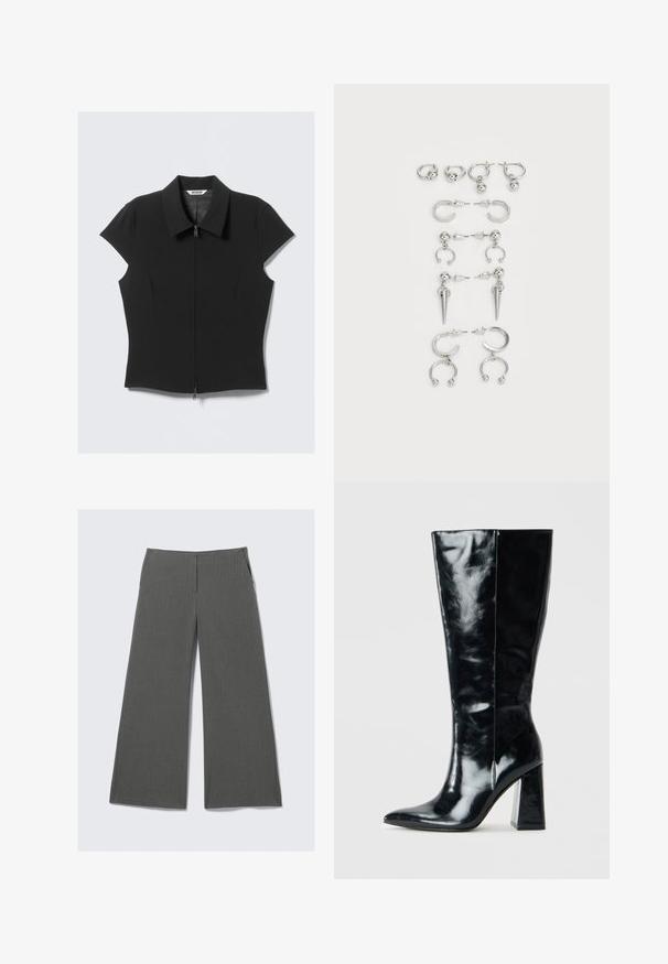 Černá úzká blůza s krátkým rukávem a předním zipem, se širokým límcem, položená na bílém pozadí.; Šedé kalhoty s širokými nohavicemi a jemným proužkovým vzorem, obsahující dvě boční kapsy a hladký pas.; Černé kozačky po kolena vyrobené z lesklé kůže, s špičatou špičkou a mohutným geometrickým podpatkem s hladkým povrchem.; Sada stříbrných náušnic s různými designy: kruhy, pecky a visací styly, se kuličkovými akcenty a špičatými prvky.