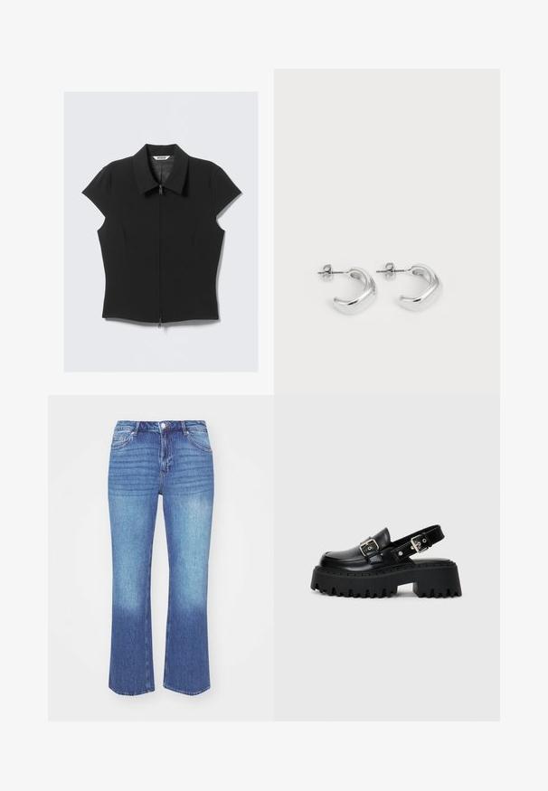 Črna prilegajoča kratka majica z zadrgo spredaj in širokim ovratnikom, položena na beli podlagi.; Jeans iz denima v svetlo do srednje modrem gradientu. Imajo ravno kroj, pet žepov in našite detajle vzdolž šivov.; Črne platformške sandale iz sijoče usnje, z zaponko in strukturo debelega podplata s poudarjenimi rebri.; Srebrni uhani v obliki obroča z gladko, polirano površino. Okrogla oblika s nekoliko ukrivljenim dizajnom in spojem robov. Zaponka za zaklepanje.