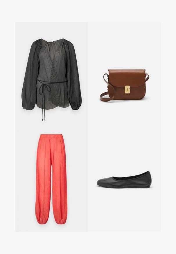 Black pleated wrap blouse featuring long, puffed sleeves, a tie belt, and a lightweight, textured fabric. Circular button accent at the cuff.; Loose-fitting, elastic-waist, coral-colored pants with a crinkled texture and tapered cuffs. Lightweight fabric allows for comfort and breathability.; Black leather ballet flat with a rounded toe, smooth texture, minimal stitching detail, and a flexible sole design.; Brown leather handbag with a flap closure, gold-tone hardware, a shoulder strap, and a smooth texture. Compact rectangular shape.