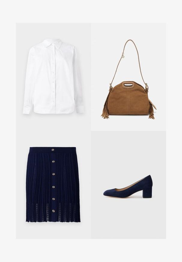 Camicia bianca a maniche lunghe con bottoni, realizzata in cotone, con collo a punta e vestibilità dritta, caratterizzata da una texture liscia.; Maje JITOURA - Minigonna - marine; Pump in suede blu Navy con punta affusolata e tacco blocco di media altezza. Texture liscia con una leggera lucentezza e un piccolo taglio sul davanti.; Maje Borsa a tracolla - camel
