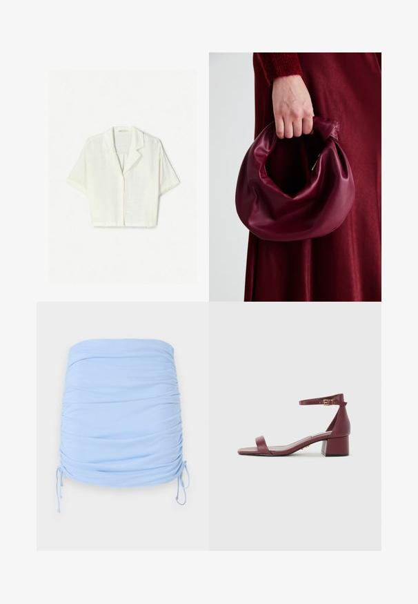 Kratka majica s kratkim rukavima, izrezana, napravljena od lagane, teksturirane bijele tkanine s uskim ovratnikom i prednjim zatvaranjem na dugmad.; Svijetloplavi mini suknja s nabranim detaljima, izrađena od rastezljive tkanine. Sadrži vezice sa strane za prilagodljivo pristajanje i glatku teksturu.; Burgundska kožna sandala sa četvrtastim prstom, tankim kaišem oko zapešća, zlatnim dodacima i debelim blok petom. Glatka tekstura i minimalistički dizajn.; Bordo kožni ruksač s mekim, naboranim dizajnom i zaobljenim oblikom. Ručka je sigurno pričvršćena, pokazujući glatku teksturu.