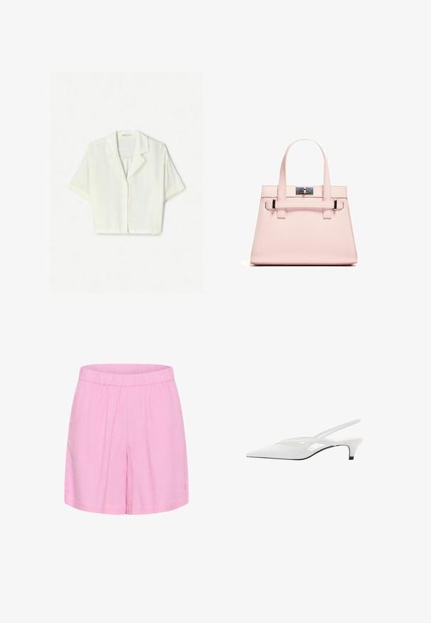 Krátky rukáv, skrátená košeľa vyrobená z ľahkej, textúrovanej bielej látky s špicatým golierom a zapínaním na gombíky.; Ružové bavlnené šortky s elastickým pásom, majú uvoľnený strih a hladkú textúru, vhodné na bežné nosenie.; Biele slingback podpätky s špicatou špičkou, s hladkým zvrškom, jemnými výrezmi a nízkym blokovým podpätkom. Čierna podrážka zvýrazňuje dizajn.; Ružová štruktúrovaná kabelka vyrobená z textúrovej kože, obsahujúca dve horné uši, uzatváranie na zapínanie a kontrastné kovové akcenty.
