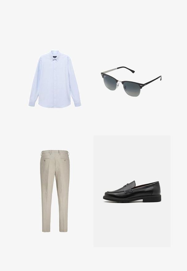Světle modrá košile s dlouhým rukávem a klasickým límcem, rovný lem a jemná textura. Má centrální uzávěr na knoflíky.; Lněné kalhoty ve světle béžové barvě s texturovaným povrchem. Obsahují dvě zadní kapsy na knoflíky a poutka na opasek pro nastavitelné nošení.; Černé syntetické mokasíny s výrazně prošívanou špicí, měkkou stélkou a plochou gumovou podrážkou; elegantní design s minimálním zdobením.; Černé a stříbrné sluneční brýle ve tvaru kočičích očí, se stupňovitými skly a kovovými detaily na rámu. Plastové nožičky s šedými konci.