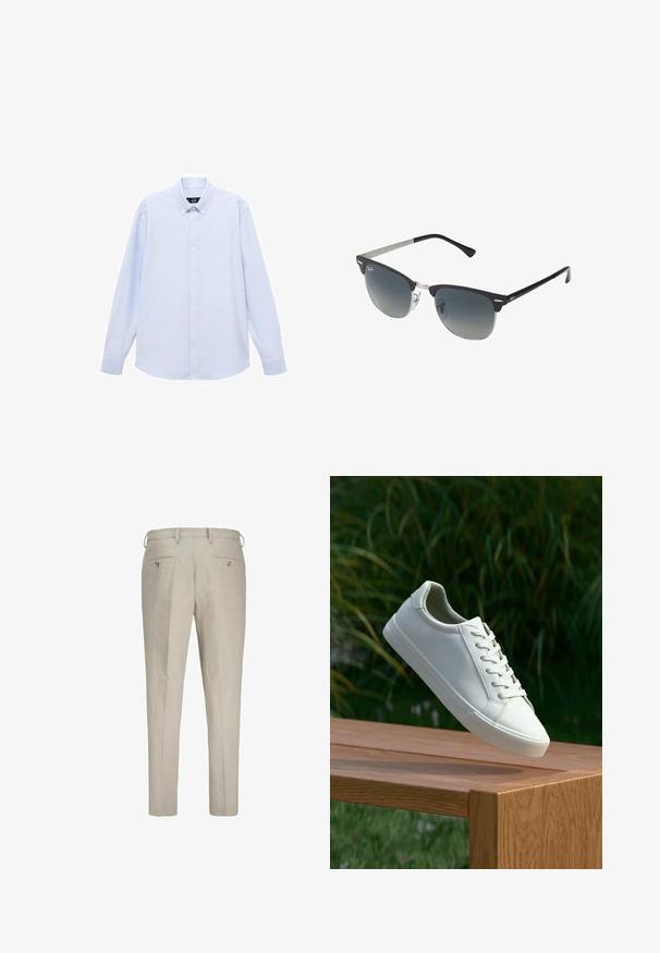 Světle modrá košile s dlouhým rukávem a klasickým límcem, rovný lem a jemná textura. Má centrální uzávěr na knoflíky.; Lněné kalhoty ve světle béžové barvě s texturovaným povrchem. Obsahují dvě zadní kapsy na knoflíky a poutka na opasek pro nastavitelné nošení.; Bílé šněrovací tenisky, které se vznášejí nad dřevěnou lavicí, s zeleným listím v pozadí, předvádějící design a strukturu boty.; Černé a stříbrné sluneční brýle ve tvaru kočičích očí, se stupňovitými skly a kovovými detaily na rámu. Plastové nožičky s šedými konci.