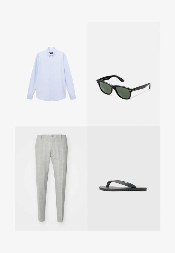 Light blue long-sleeve button-up shirt with a classic collar, straight hem, and subtle texture. Features a central button closure.; Gray plaid trousers with a tailored fit, featuring a flat front, a single button closure, and belt loops. Made of a smooth fabric.; Black flip-flop with textured straps, flat sole, and serrated edge. Made of rubber with a smooth finish and minimalist design.; Black plastic sunglasses with green lenses, square frames, silver accent on the brow, and textured temple arms. Stated brand on inner arm.