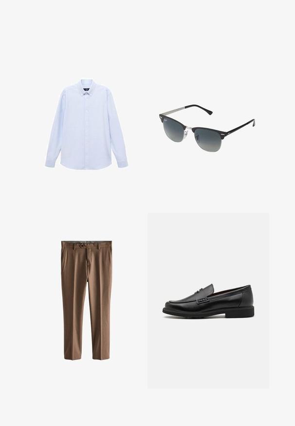 Vaaleansininen pitkähihainen nappipaita klassisella kauluksella, suora helma ja hienovarainen rakenne. Keskellä nappisuljenta.; Ruske, priređene hlače izrađene od teksturirane tkanine. Imaju jedan gumb za zatvaranje, dva prednja džepa i ravne nogavice.; Musta keinotekoinen mokka, jossa on korostettu ommeltu etuosa, pehmeä sisäpohja ja litteä kumipohja; tyylikäs muotoilu, jossa on vähäistä yksityiskohtaisuutta.; Mustat ja hopeiset aurinkolasit, joissa on kissansilmämuoto, gradientti linssit ja metalliset yksityiskohdat kehysissä. Muoviset sangan päät harmaat.