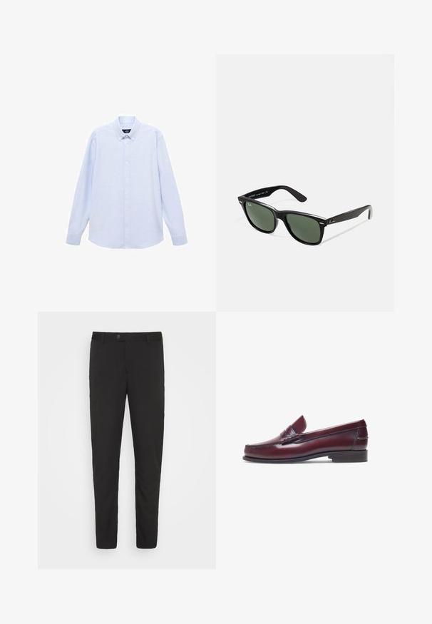 Lichtblauwe overhemd met lange mouwen, knoopsluiting en een klassieke kraag, met een rechte zoom en een subtiele textuur. Voorzien van een centrale knoopsluiting.; Zwarte, op maat gemaakte pantalons met een recht model, voorzakken en een knoopsluiting. Gemaakt van gladde stof met een lichte glans.; Bordeaux leren instapper met een ronde neus, gestikte details en een kleine decoratieve accent op de schacht. Platte, contrasterende zool.; Zwarte plastic zonnebril met groene lenzen, vierkante montuur, zilveren accent op de wenkbrauw en een gestructureerde tempel. Merken vermeld op de binnenkant van de arm.