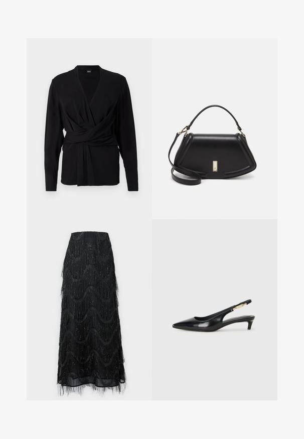 Fekete, puha anyagból készült, hosszú ujjú, V-kivágású felső, derékban megkötő övvel, amely hangsúlyozza a derekát. Sima textúra.; Fekete midi szoknya, réteges fránkkal és hullám mintázattal. Átlátszó anyagból készült, csillogó részletekkel az élein.; Fekete bőr slingback magassarkúk, hegyes orral, vékony sarkakkal és arany színű részlettel a állítható pánton. Simа felület.; Fekete bőr kézitáska, strukturált dizájnnal, rövidített formával, felső fogantyúval és arany színű kiegészítőkkel. Állítható vállpánt is tartozik hozzá.