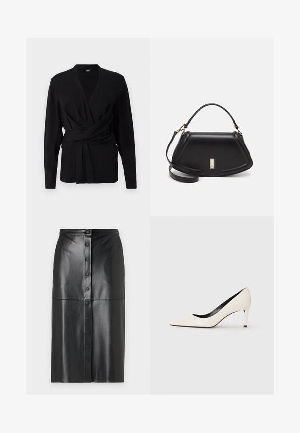 Juodas apvyniotas viršus, pagamintas iš minkštos medžiagos, turintis ilgus rankovės, V formos iškirptę ir surištą diržą, akcentuojantį liemenį. Lygios tekstūros.; Juodos matinės dirbtinės odos midi sijonas su priekine mygtukų uždarymo sistema, lygia tekstūra ir horizontaliu siūlu per vidurį.; Balti lakinės odos aukšti kulniukai su smailiu pirštu, liekna kulniu ir juodais vidaus akcentais. Lygi tekstūra ir stilingas dizainas.; Juoda odinė rankinė su struktūrizuotu dizainu, turi trumpą formą, viršutinę rankeną ir auksinius akcentus. Pridėtas reguliuojamas peties diržas.