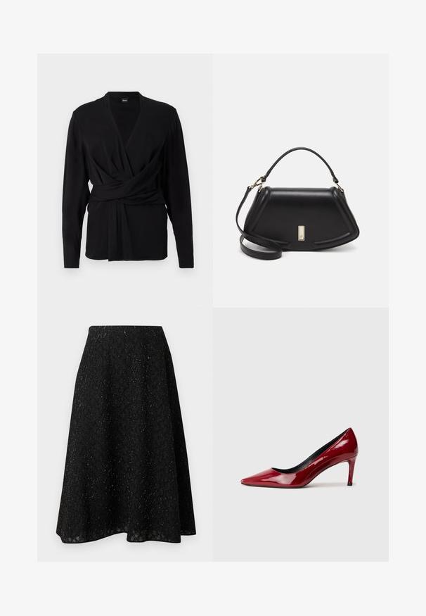 Haut enveloppant noir en tissu doux, avec des manches longues, un décolleté en V et une ceinture nouée mettant en valeur la taille. Texture lisse.; Jupe midi noire en tissu texturé, présentant un motif en losanges et un léger scintillement. Silhouette évasée en forme de A avec un tombé fluide.; Chaussure à talon aiguille en cuir verni rouge avec un bout pointu et un talon fin. Texture lisse avec une finition brillante et doublure intérieure noire.; Sac à main en cuir noir avec un design structuré, featuring une forme cropped, une poignée supérieure et des accents en matériel doré. Bandoulière réglable incluse.