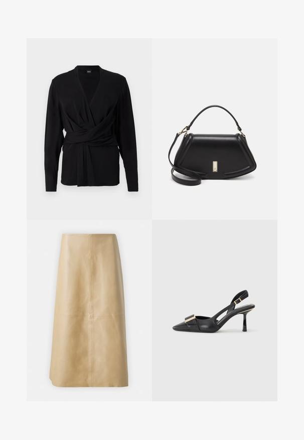 Mustat kääntöpaidan, joka on valmistettu pehmeästä kankaasta, pitkät hihat, v-pääntie ja solmittava vyö, joka korostaa vyötäröä. Silkkinen pinta.; 2nd Day MARVIN - Nahkahame - tan; Mustat nahkasaappaat, joissa on kärki, kapea korko ja kultasävyinen koriste etuosassa. Silkkinen pinta ja jämäkkä muotoilu.; Mustalla nahkalaukulla, jossa on jämäkkä muotoilu, lyhyt malli, yläkahva ja kultaiset yksityiskohdat. Säädettävä olkahihna sisältyy.