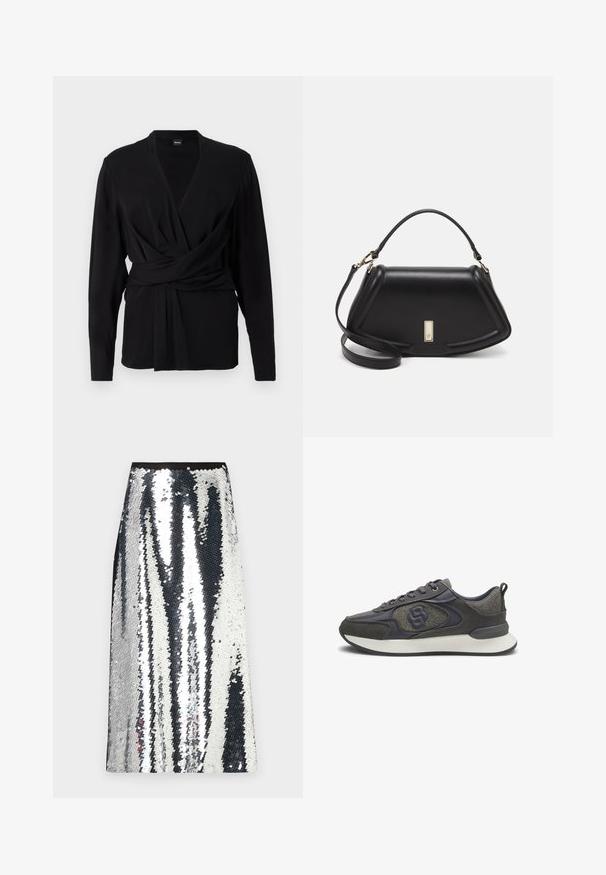 Black wrap top made of soft fabric, featuring long sleeves, a v-neckline, and a tied belt accentuating the waist. Smooth texture.; Silver sequin maxi skirt with a straight cut, featuring a black waistband and alternating vertical stripe pattern of shiny sequins.; Gray and black low-top sneaker with textured fabric, leather details, lace-up front, cushioned white sole, and pull tab at heel.; Black leather handbag with a structured design, featuring a cropped shape, top handle, and gold hardware accent. Adjustable shoulder strap included.