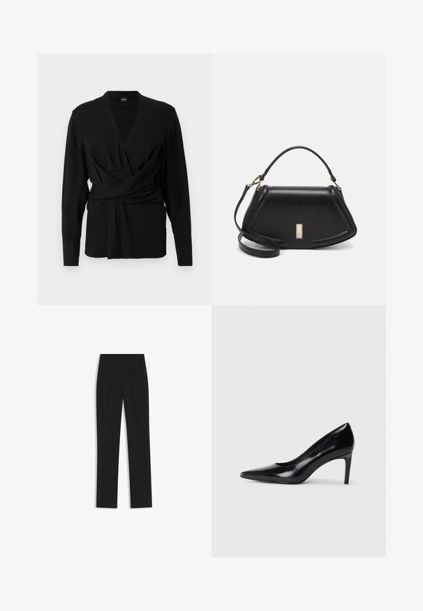 Mustat kääntöpaidan, joka on valmistettu pehmeästä kankaasta, pitkät hihat, v-pääntie ja solmittava vyö, joka korostaa vyötäröä. Silkkinen pinta.; Mustat räätälöidyt housut suoran lahkeen designilla, joissa on etutaskut ja sileä, teksturoitu kangas. Siistit, minimalistiset yksityiskohdat.; Mustat nahkakengät korkealla korolla, terävä kärki, sileä pinta ja kapeneva korko. Minimalistinen muotoilu, ei ylimääräisiä koristeita.; Mustalla nahkalaukulla, jossa on jämäkkä muotoilu, lyhyt malli, yläkahva ja kultaiset yksityiskohdat. Säädettävä olkahihna sisältyy.