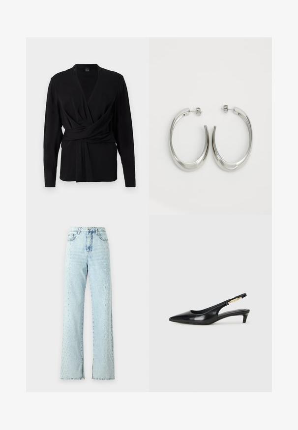 Črn zgornji del z ovitkom, izdelan iz mehke tkanine, z dolgimi rokavi, v-izrezom in veznim pasom, ki poudarja pas. Gladka tekstura.; Svetlo modri denim jeans s širokim krojem, ki imajo raztresen vzorec kamnov ob straneh in rahlo raztrganje na robovih.; Črne usnjene sandale na peto z ostro konico, ki imajo tanko peto in zlat ton na nastavljivem traku. Gladka tekstura.; Srebrni uhani v obliki obroča z gladkim, ukrivljenim oblikovanjem. Imajo sijajno kovinsko površino in zapiranje na žebljiček. Brez vidnih vzorcev ali dodatkov.
