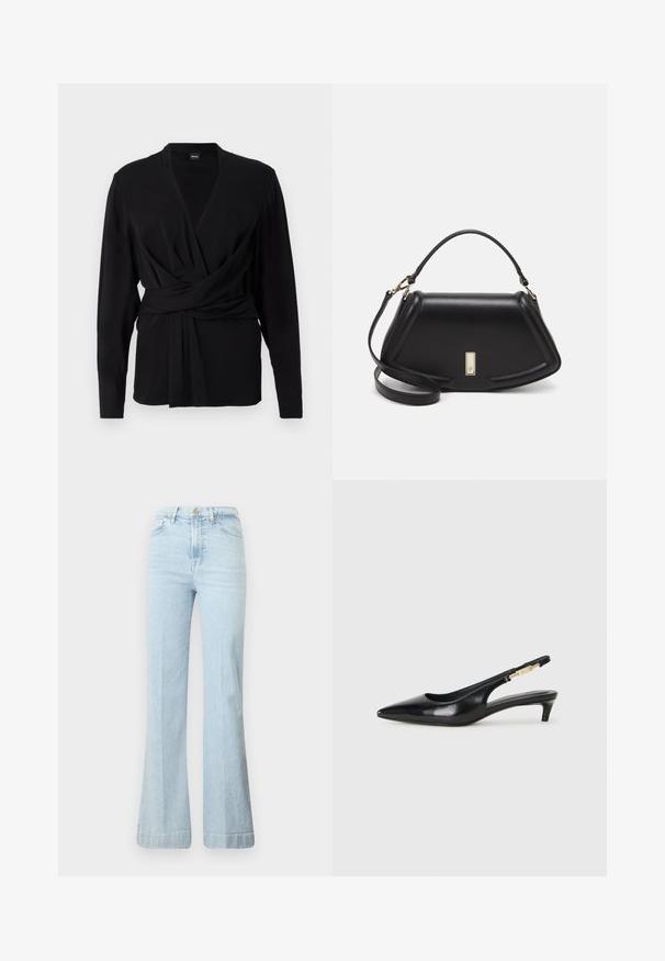 Schwarzes Wickeloberteil aus weichem Stoff, mit langen Ärmeln, einem V-Ausschnitt und einem gebundenen Gürtel, der die Taille betont. Sanfte Textur.; Helleblaue ausgestellte Jeans aus Denim. Mit hoher Taille, Reißverschluss und zwei Vorderentaschen. Dezente Ausbleichung des Stoffes, saubere Säume.; Schwarze Leder-Slingback-Pumps mit spitzem Schuhblatt, ausgestattet mit einem schlanken Absatz und einem goldfarbigen Akzent am verstellbaren Riemen. Glatte Textur.; Schwarze Lederhandtasche mit einem strukturierten Design, das eine verkürzte Form, einen oberen Griff und goldfarbene Hardware-Details aufweist. Verstellbarer Schulterriemen ist enthalten.