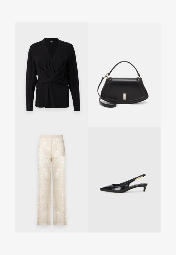 Sort indpakningsbluse lavet af blødt stof, med lange ærmer, v-hals og et bånd, der fremhæver taljen. Glat tekstur.; Lace viddebuks i creme, der har indviklede blomstermønstre og en tekstureret overflade. Elastisk talje for komfort.; Sorte læder slingback hæle med spids tå, der har en slank hæl og en guldfarvet detalje på den justerbare rem. Glat tekstur.; Sort læderhåndtaske med en struktureret design, der har en kortet form, tophåndtag og guld hardware-accenter. Justerbar skulderrem inkluderet.