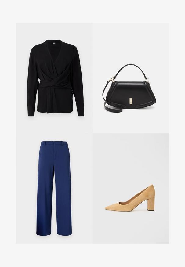 Schwarzes Wickeloberteil aus weichem Stoff, mit langen Ärmeln, einem V-Ausschnitt und einem gebundenen Gürtel, der die Taille betont. Sanfte Textur.; Navyblaue, maßgeschneiderte Hosen aus glattem Stoff, mit geradem Bein, Gürtelschlaufen und einem Frontreißverschluss mit Hakenverschluss.; Beige Wildleder-Pumps mit hohem Absatz, spitz zulaufend und mit einem klobigen Blockabsatz. Das Material hat eine weiche Textur mit einer glatten Oberfläche.; Schwarze Lederhandtasche mit einem strukturierten Design, das eine verkürzte Form, einen oberen Griff und goldfarbene Hardware-Details aufweist. Verstellbarer Schulterriemen ist enthalten.