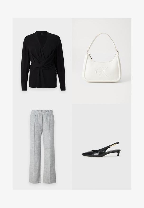Zwarte wikkeltop van zacht materiaal, met lange mouwen, een V-hals en een strikceintuur die de taille accentueert. Gladde textuur.; Grijze, wijde broek van textuurstof; beschikt over een elastische tailleband en geplooide voordetails. Schoon, minimalistisch ontwerp.; Zwarte leren slingback hakken met een spitse neus, voorzien van een slanke hak en een goudkleurige accent op de verstelbare band. Gladde textuur.; Witte lederen handtas met een gebogen vorm, voorzien van een reliëf "CK" logo aan de voorkant en een enkele schouderriem. Ritsluiting aan de bovenkant.