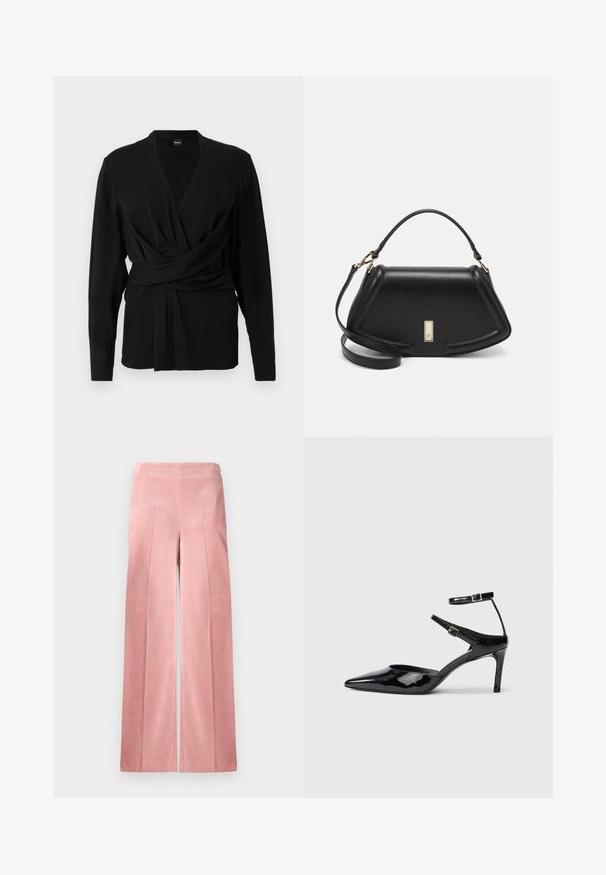Zwarte wikkeltop van zacht materiaal, met lange mouwen, een V-hals en een strikceintuur die de taille accentueert. Gladde textuur.; Lichtroze, wijdvallende corduroy broek met verticale ribbels en een aansluitende tailleband. Glad materiaal met een ontspannen silhouet.; Zwarte laarzen van gepatenteerd leer met een spitse neus, verstelbare enkelbandjes en een slanke hak. Gladde textuur met een glanzende afwerking.; Zwarte leren handtas met een gestructureerd ontwerp, featuring een verkorte vorm, bovenhandvat en gouden hardwareaccent. Inclusief verstelbare schouderband.