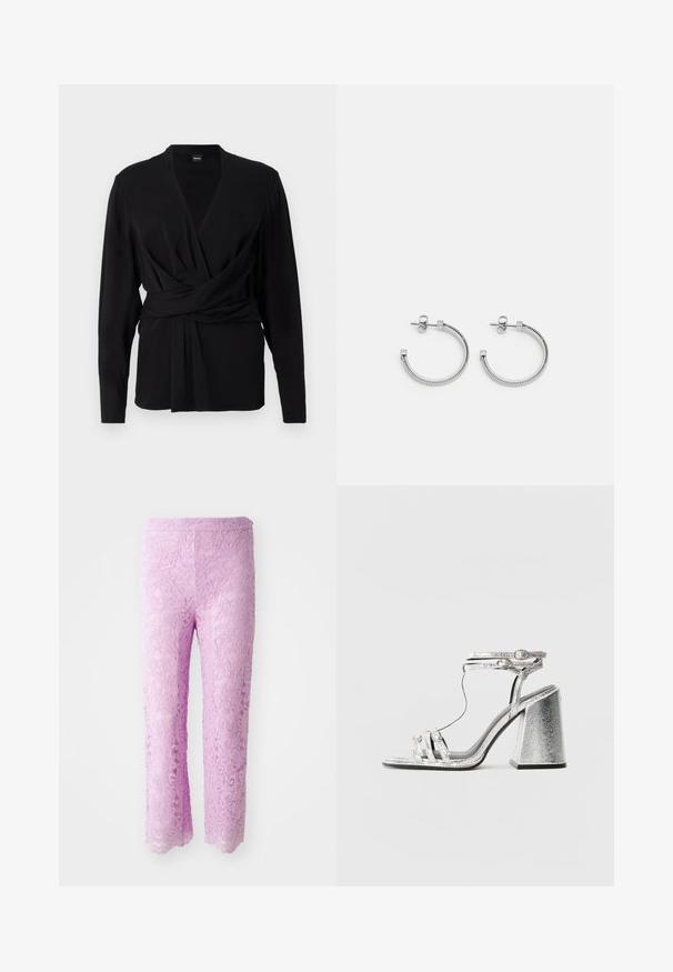 Haut enveloppant noir en tissu doux, avec des manches longues, un décolleté en V et une ceinture nouée mettant en valeur la taille. Texture lisse.; Pantalons en dentelle rose avec un ourlet festonné, présentant des motifs floraux complexes. Le tissu semble léger et texturé, conçu pour une silhouette ajustée.; Sandale argentée à talon bloc, avec de fines brides et une boucle à la cheville. Le matériau a une finition métallique avec une apparence texturée.; Boucles d'oreilles en argent en forme de hoop avec un design de corde texturé, dotées d'un fermoir en carré plat, créant ainsi un look minimaliste et moderne.